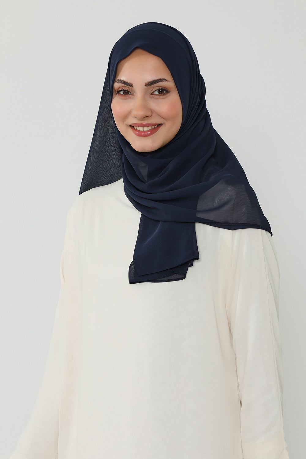 Instant Chiffon Scarf with Sewn Cotton Undercap Bonnet, Practical One Piece Hijab for Women, No Pin Head Covering,PS-51 Navy Blue