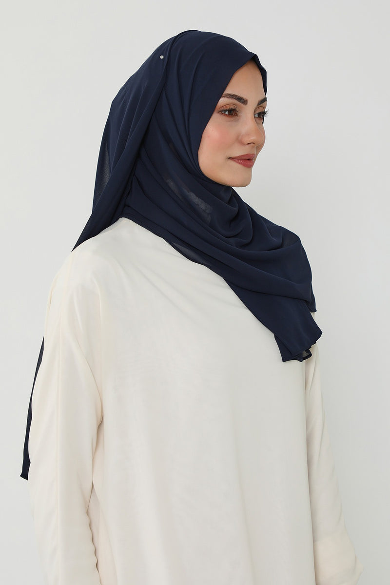 Instant Chiffon Scarf with Sewn Cotton Undercap Bonnet, Practical One Piece Hijab for Women, No Pin Head Covering,PS-51 Navy Blue