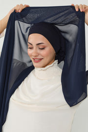 Instant Chiffon Scarf with Sewn Cotton Undercap Bonnet, Practical One Piece Hijab for Women, No Pin Head Covering,PS-51 Navy Blue