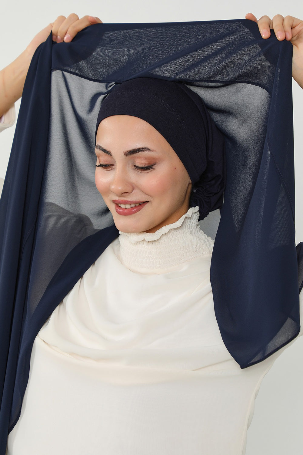 Instant Chiffon Scarf with Sewn Cotton Undercap Bonnet, Practical One Piece Hijab for Women, No Pin Head Covering,PS-51 Navy Blue