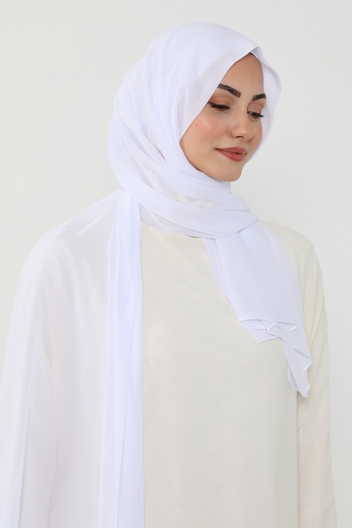 Instant Chiffon Scarf with Sewn Cotton Undercap Bonnet, Practical One Piece Hijab for Women, No Pin Head Covering,PS-51 White