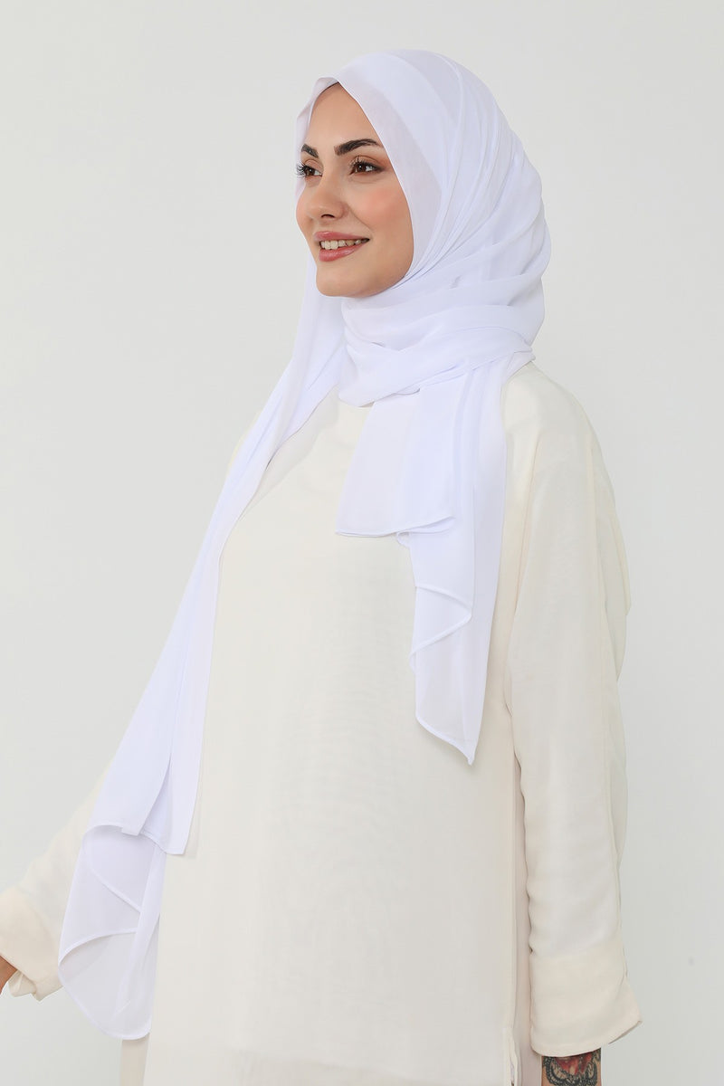 Instant Chiffon Scarf with Sewn Cotton Undercap Bonnet, Practical One Piece Hijab for Women, No Pin Head Covering,PS-51 White