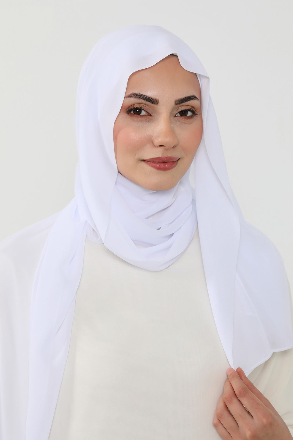 Instant Chiffon Scarf with Sewn Cotton Undercap Bonnet, Practical One Piece Hijab for Women, No Pin Head Covering,PS-51 White