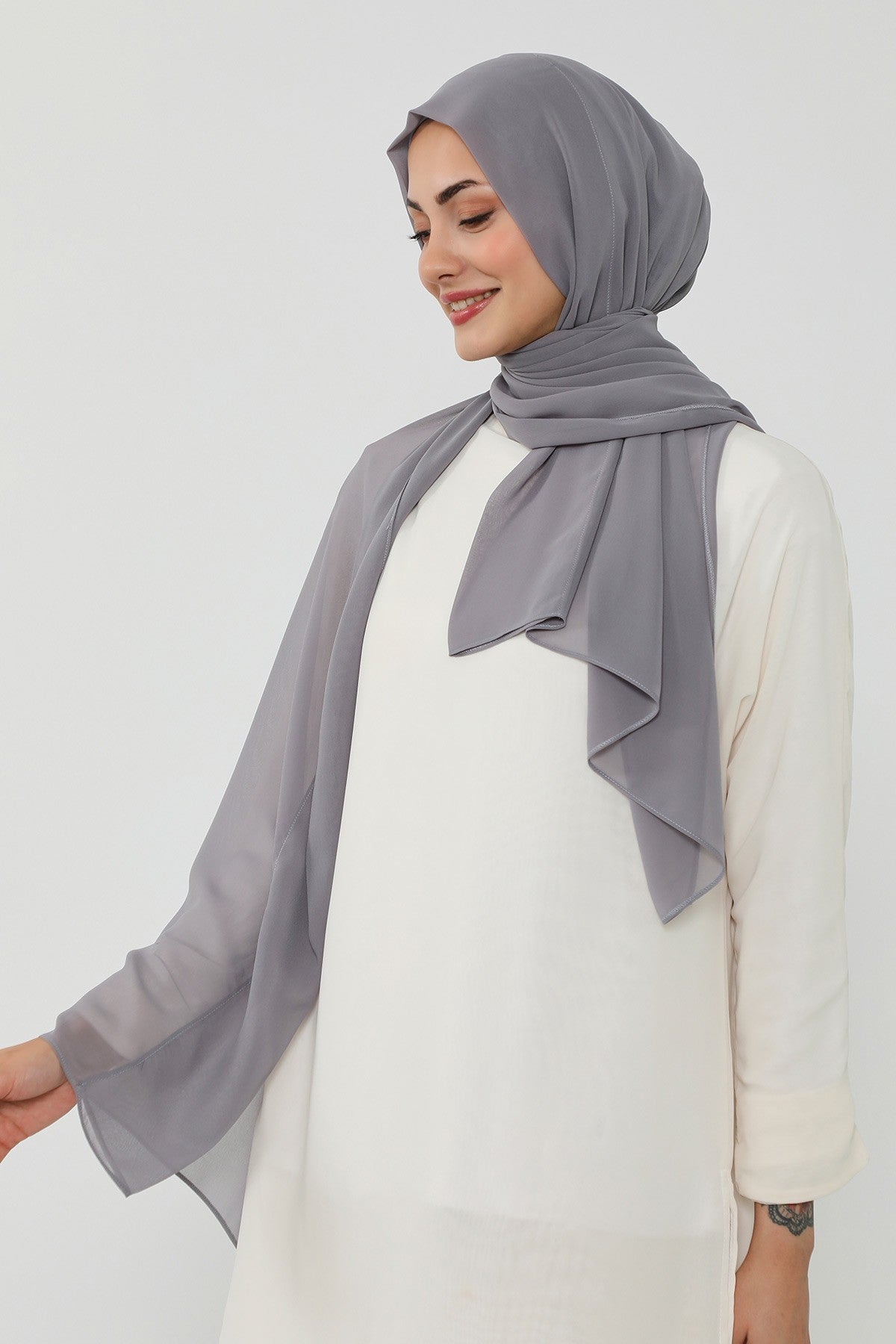 Instant Chiffon Scarf with Sewn Cotton Undercap Bonnet, Practical One Piece Hijab for Women, No Pin Head Covering,PS-51 Grey