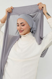 Instant Chiffon Scarf with Sewn Cotton Undercap Bonnet, Practical One Piece Hijab for Women, No Pin Head Covering,PS-51 Grey