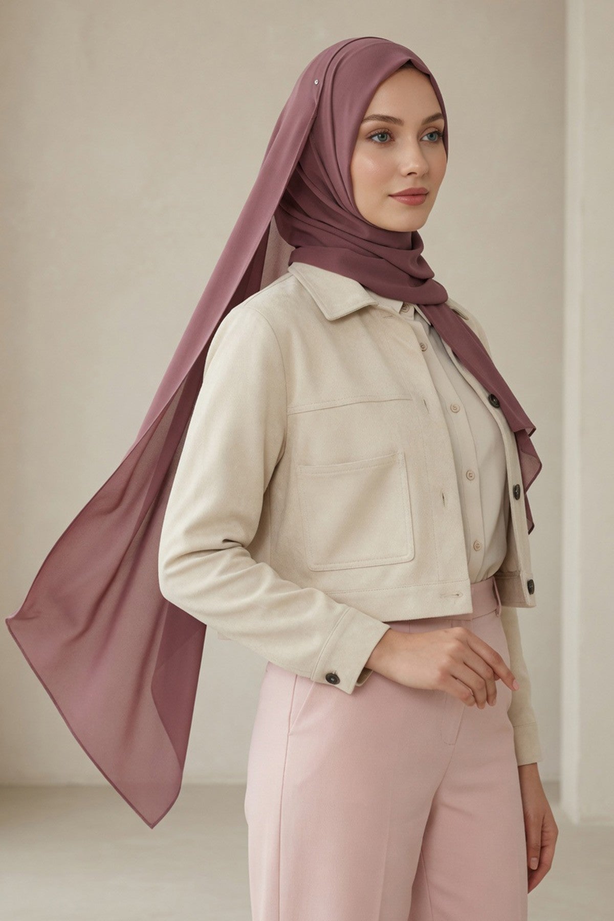Instant Chiffon Scarf with Sewn Cotton Undercap Bonnet, Practical One Piece Hijab for Women, No Pin Head Covering,PS-51 Dusty Rose