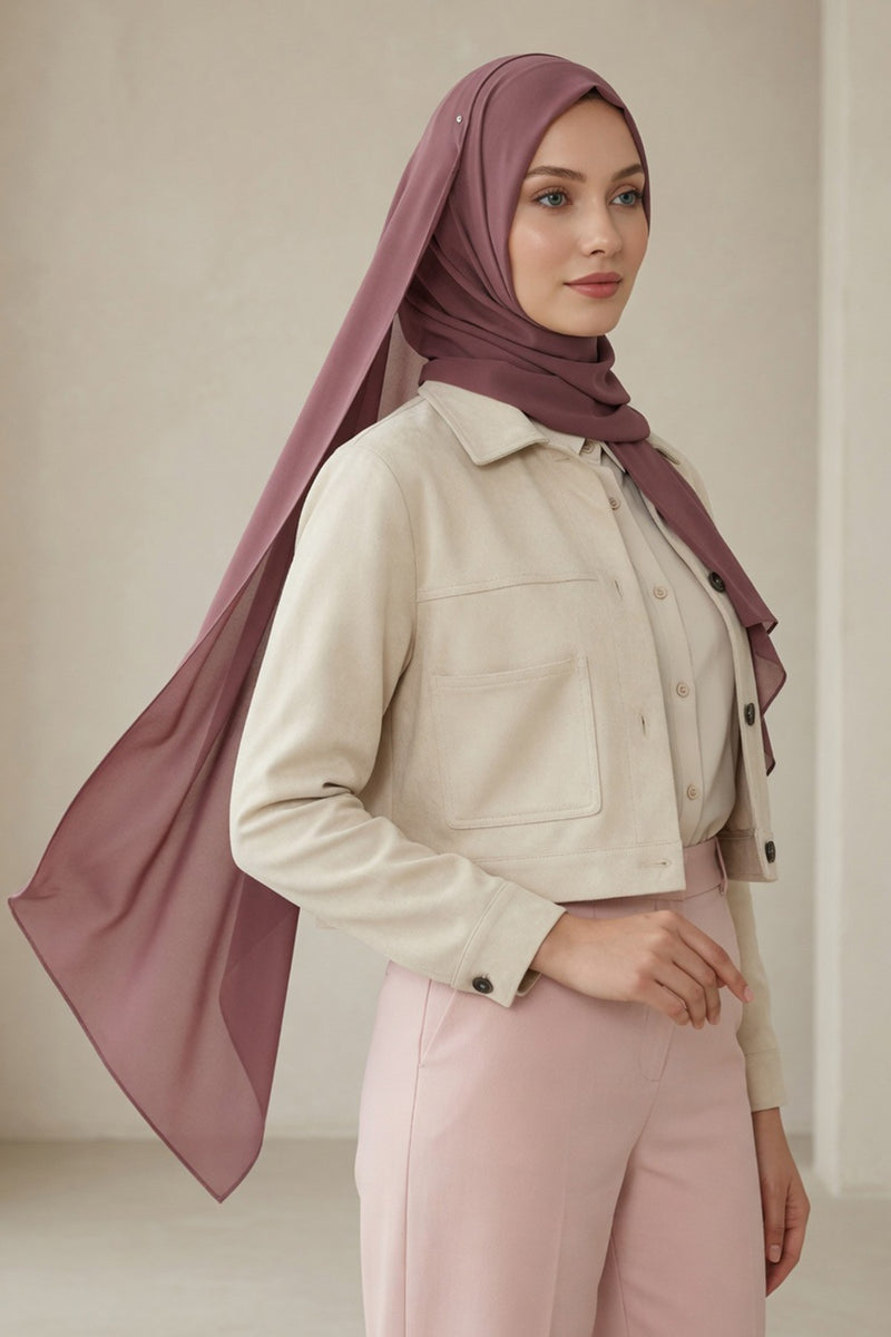 Instant Chiffon Scarf with Sewn Cotton Undercap Bonnet, Practical One Piece Hijab for Women, No Pin Head Covering,PS-51 Dusty Rose