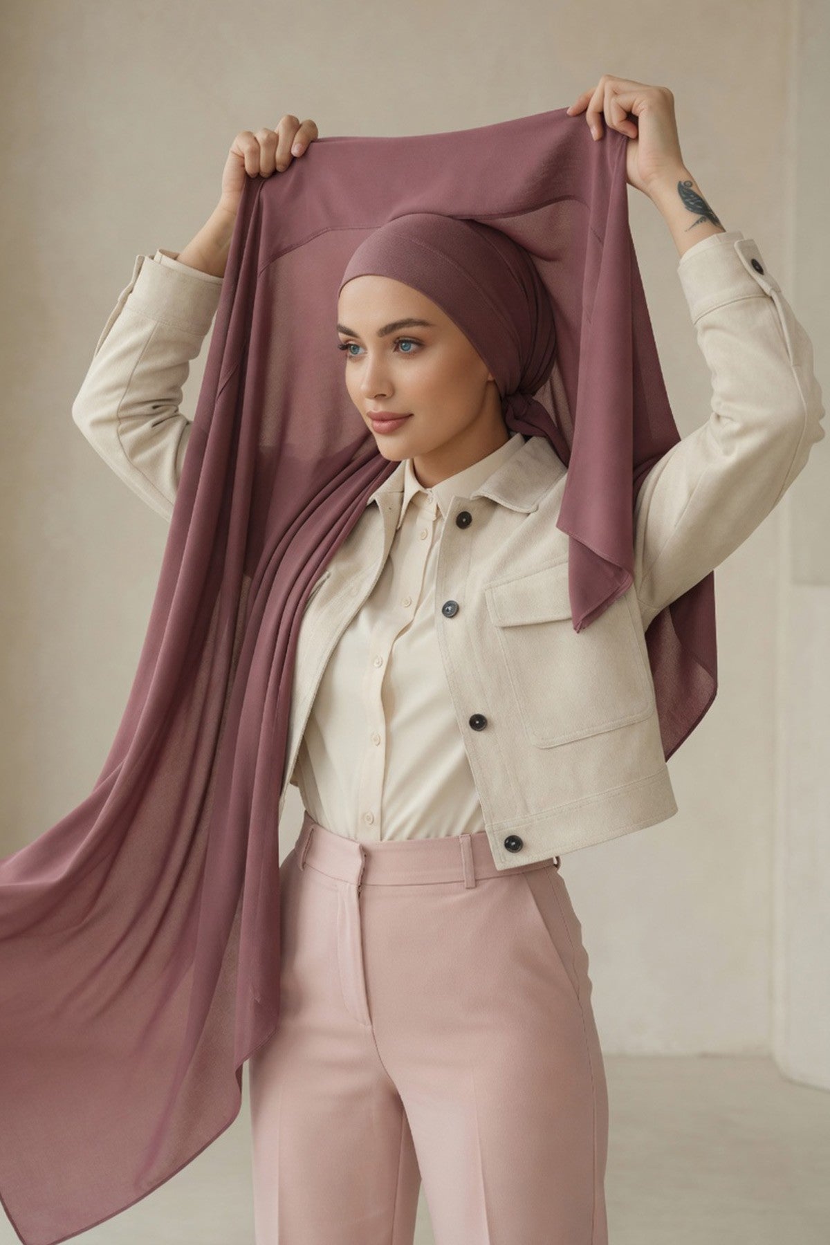 Instant Chiffon Scarf with Sewn Cotton Undercap Bonnet, Practical One Piece Hijab for Women, No Pin Head Covering,PS-51 Dusty Rose