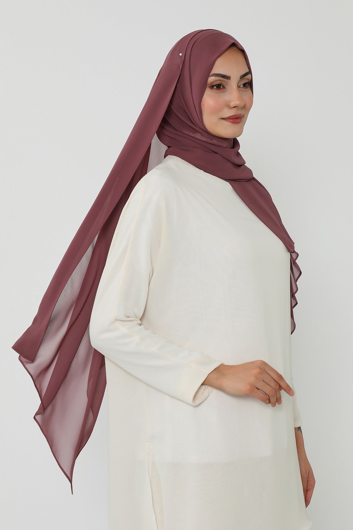Instant Chiffon Scarf with Sewn Cotton Undercap Bonnet, Practical One Piece Hijab for Women, No Pin Head Covering,PS-51 Dusty Rose