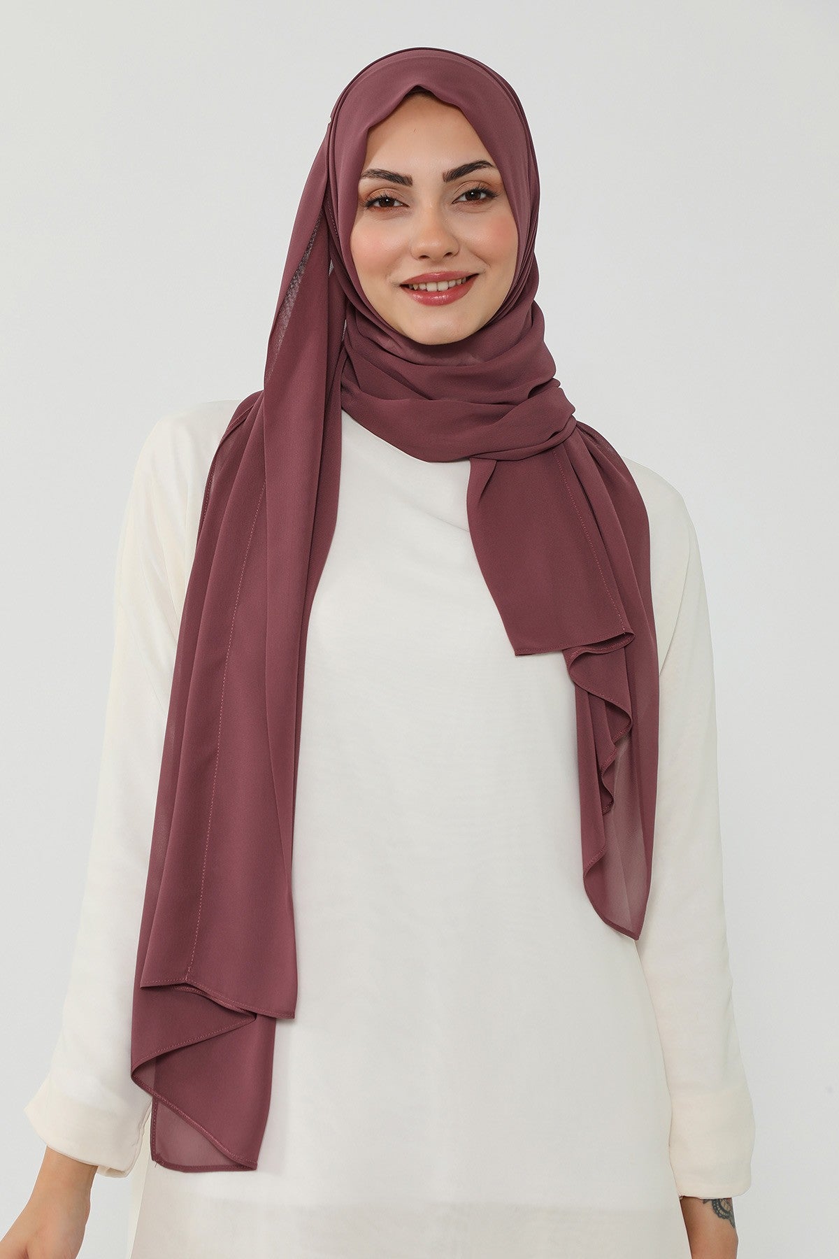 Instant Chiffon Scarf with Sewn Cotton Undercap Bonnet, Practical One Piece Hijab for Women, No Pin Head Covering,PS-51 Dusty Rose