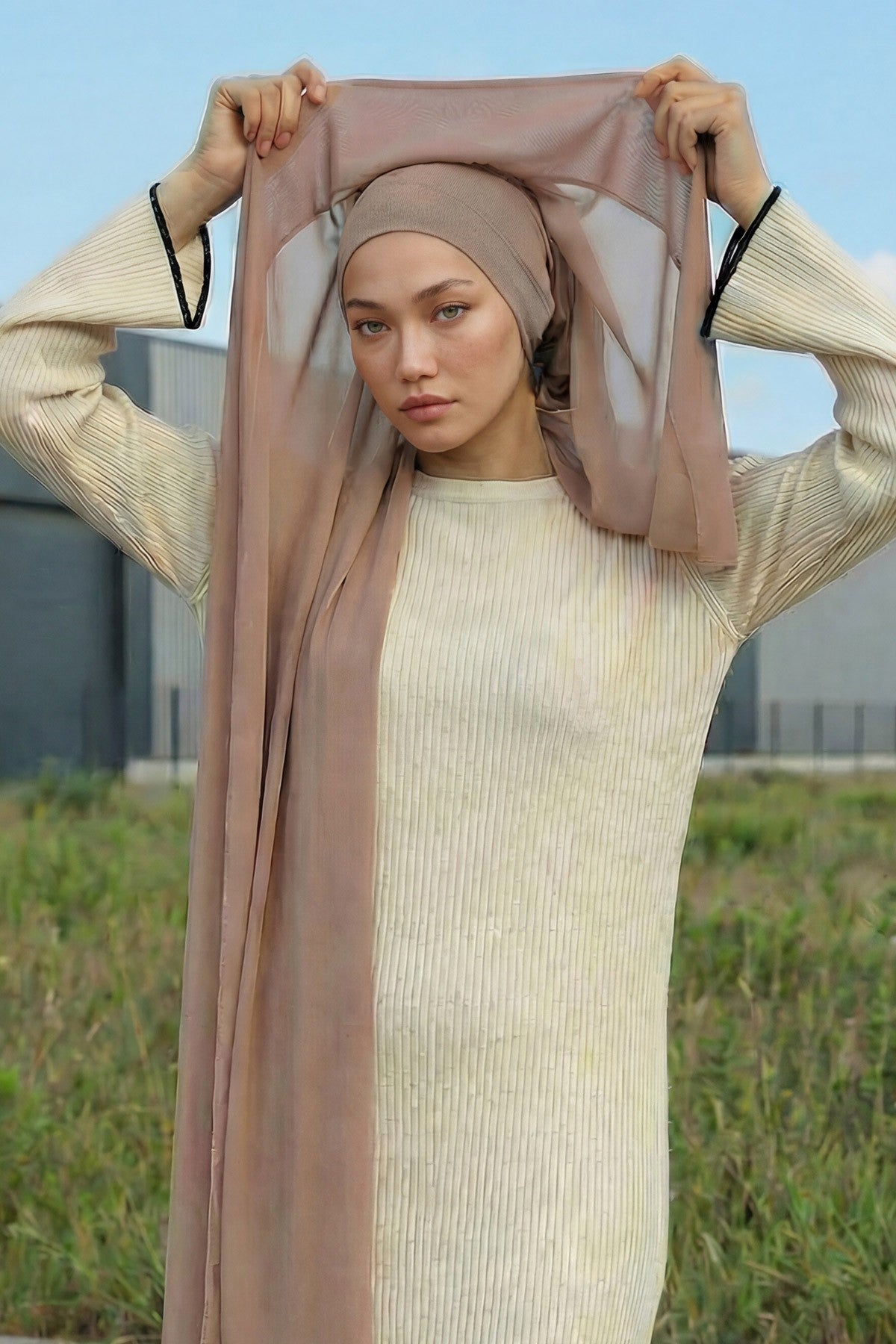 Instant Chiffon Scarf with Sewn Cotton Undercap Bonnet, Practical One Piece Hijab for Women, No Pin Head Covering,PS-51 Dark Mink