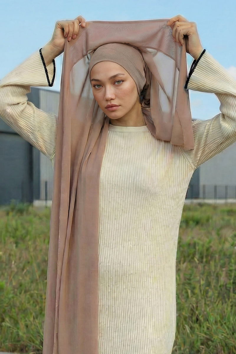 Instant Chiffon Scarf with Sewn Cotton Undercap Bonnet, Practical One Piece Hijab for Women, No Pin Head Covering,PS-51 Dark Mink