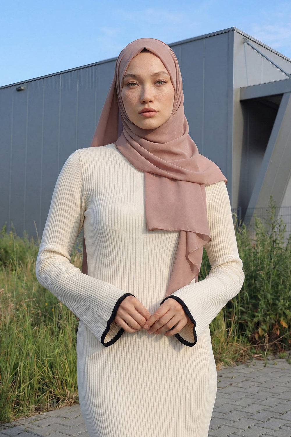 Instant Chiffon Scarf with Sewn Cotton Undercap Bonnet, Practical One Piece Hijab for Women, No Pin Head Covering,PS-51 Dark Mink