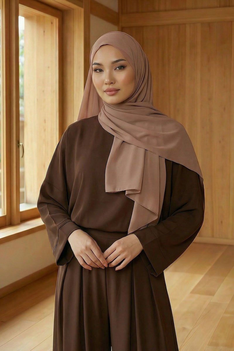 Instant Chiffon Scarf with Sewn Cotton Undercap Bonnet, Practical One Piece Hijab for Women, No Pin Head Covering,PS-51 Dark Mink