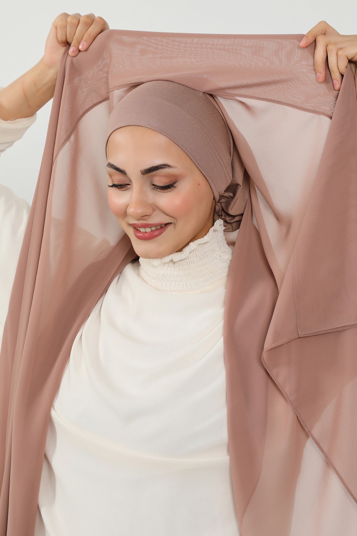 Instant Chiffon Scarf with Sewn Cotton Undercap Bonnet, Practical One Piece Hijab for Women, No Pin Head Covering,PS-51 Dark Mink