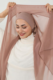 Instant Chiffon Scarf with Sewn Cotton Undercap Bonnet, Practical One Piece Hijab for Women, No Pin Head Covering,PS-51 Dark Mink