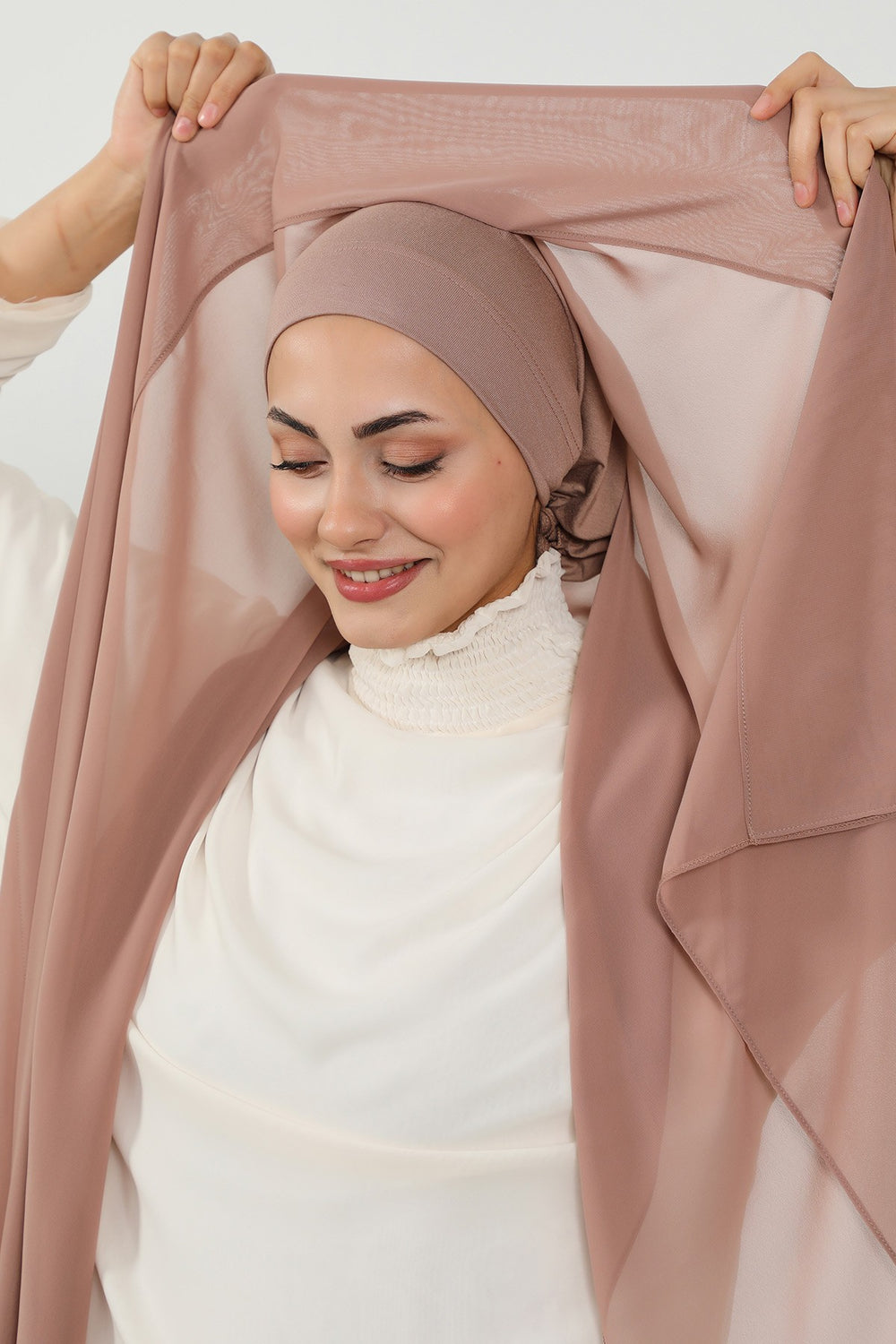 Instant Chiffon Scarf with Sewn Cotton Undercap Bonnet, Practical One Piece Hijab for Women, No Pin Head Covering,PS-51 Dark Mink