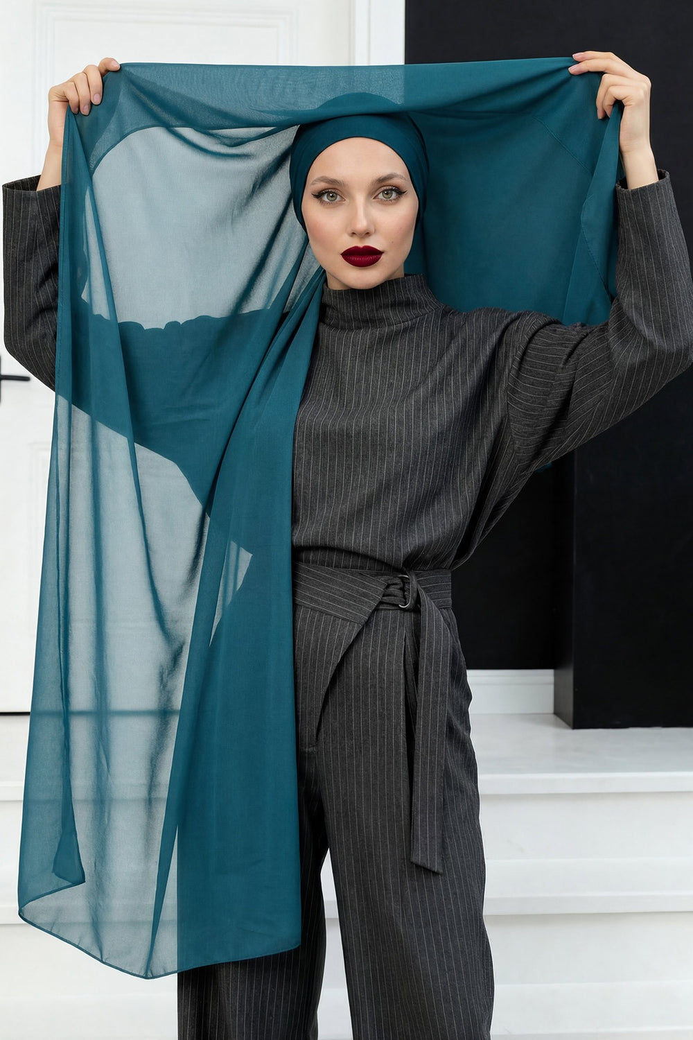 Instant Chiffon Scarf with Sewn Cotton Undercap Bonnet, Practical One Piece Hijab for Women, No Pin Head Covering,PS-51 Petrol Blue