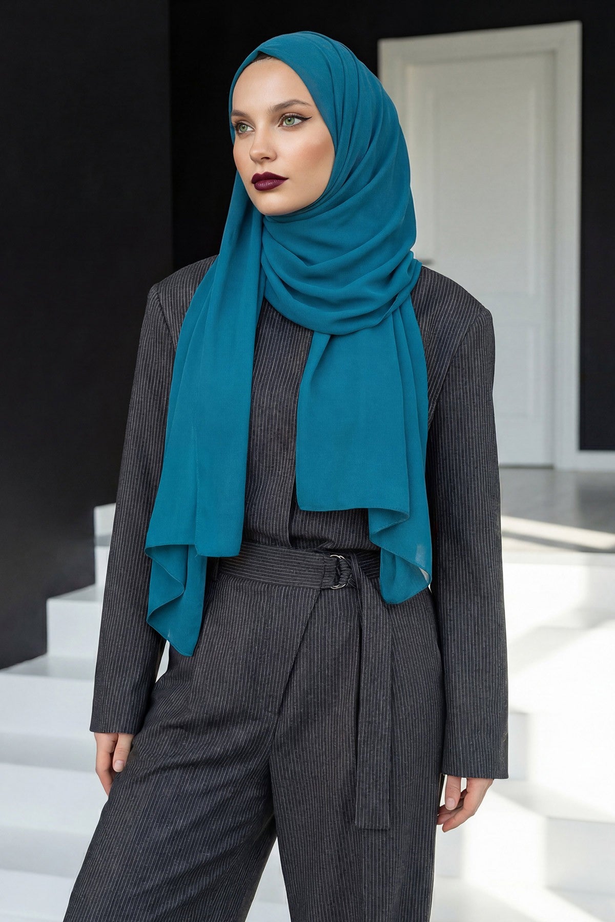 Instant Chiffon Scarf with Sewn Cotton Undercap Bonnet, Practical One Piece Hijab for Women, No Pin Head Covering,PS-51 Petrol Blue