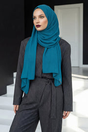 Instant Chiffon Scarf with Sewn Cotton Undercap Bonnet, Practical One Piece Hijab for Women, No Pin Head Covering,PS-51 Petrol Blue