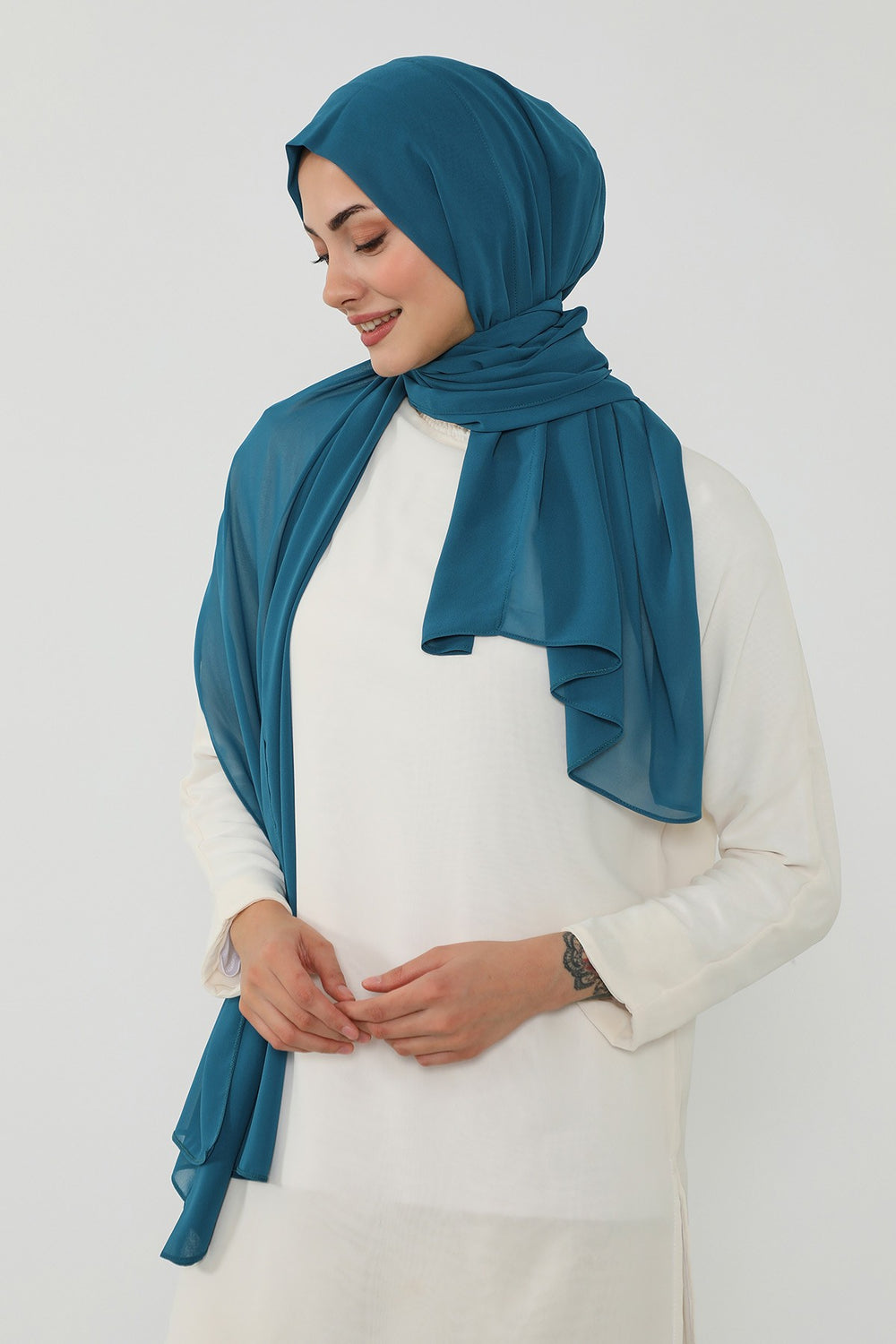 Instant Chiffon Scarf with Sewn Cotton Undercap Bonnet, Practical One Piece Hijab for Women, No Pin Head Covering,PS-51 Petrol Blue