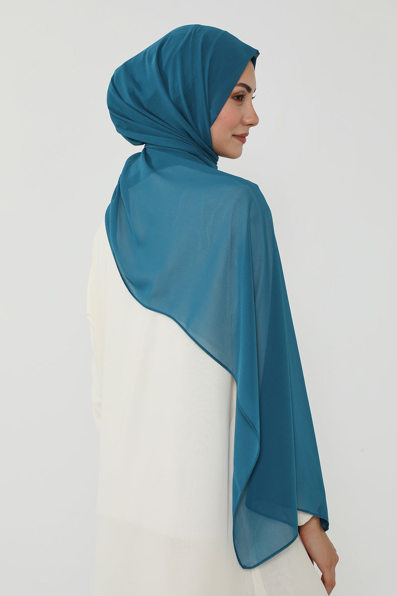 Instant Chiffon Scarf with Sewn Cotton Undercap Bonnet, Practical One Piece Hijab for Women, No Pin Head Covering,PS-51 Petrol Blue