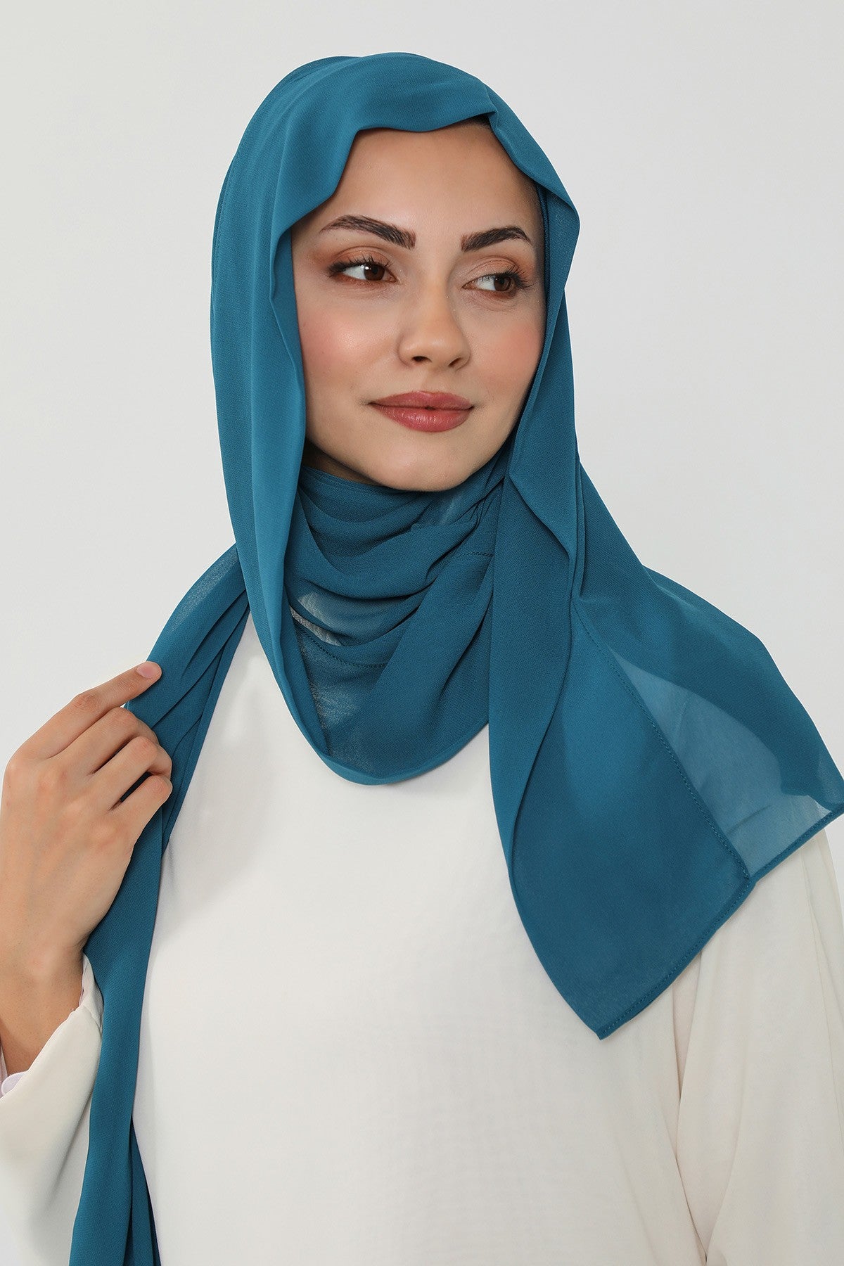 Instant Chiffon Scarf with Sewn Cotton Undercap Bonnet, Practical One Piece Hijab for Women, No Pin Head Covering,PS-51 Petrol Blue