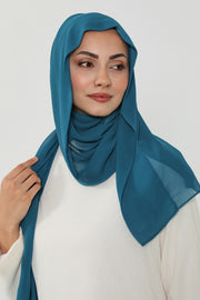 Instant Chiffon Scarf with Sewn Cotton Undercap Bonnet, Practical One Piece Hijab for Women, No Pin Head Covering,PS-51 Petrol Blue