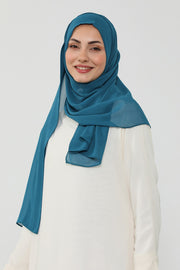 Instant Chiffon Scarf with Sewn Cotton Undercap Bonnet, Practical One Piece Hijab for Women, No Pin Head Covering,PS-51 Petrol Blue