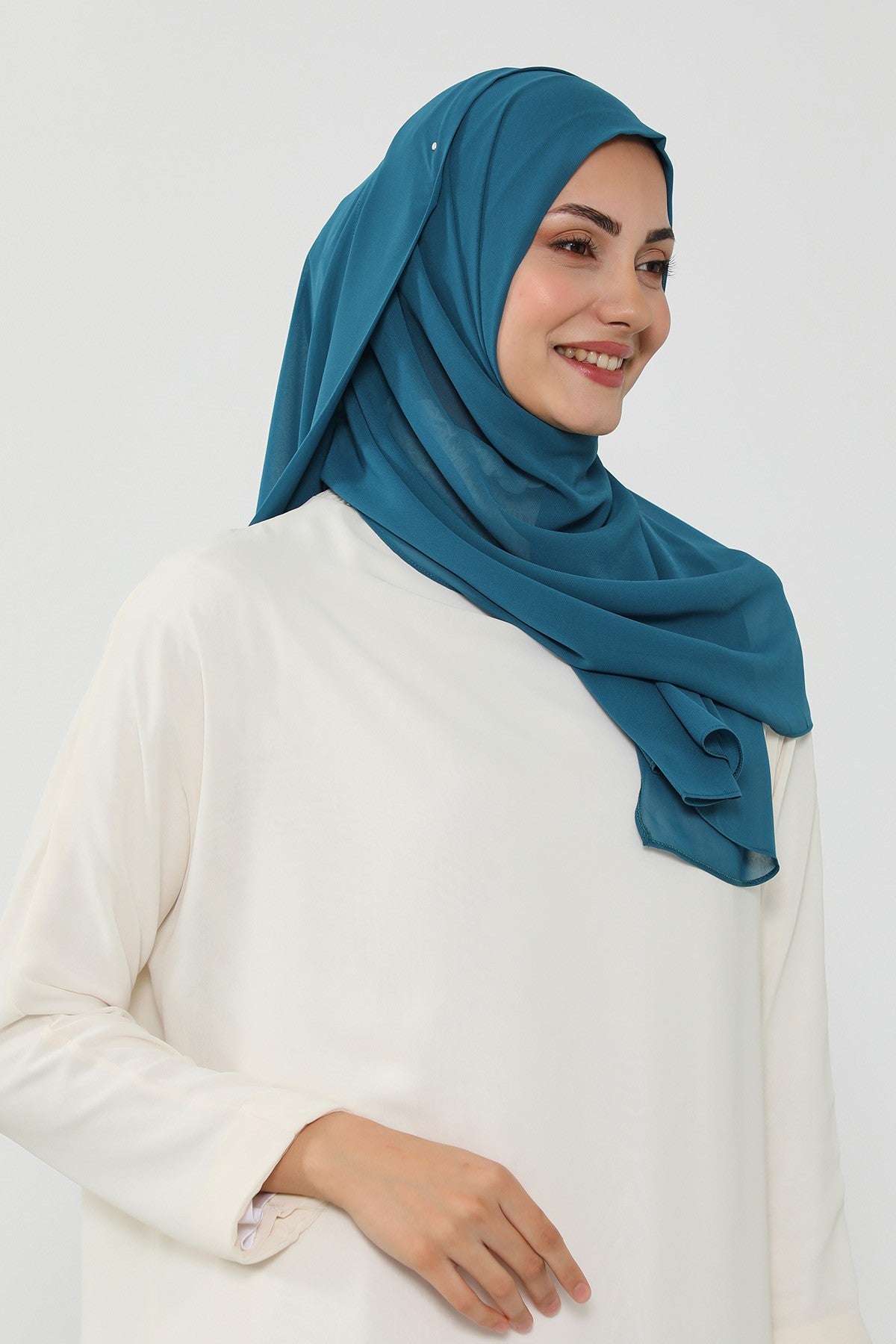 Instant Chiffon Scarf with Sewn Cotton Undercap Bonnet, Practical One Piece Hijab for Women, No Pin Head Covering,PS-51 Petrol Blue