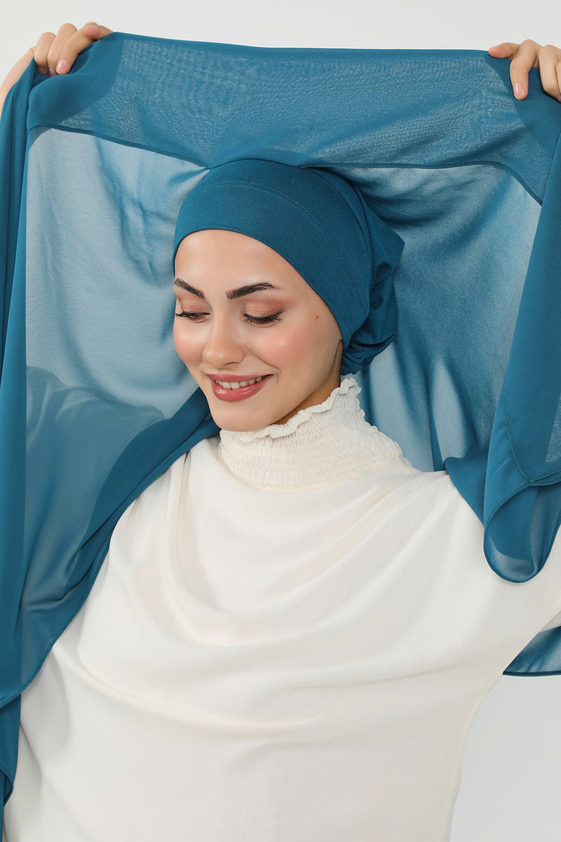 Instant Chiffon Scarf with Sewn Cotton Undercap Bonnet, Practical One Piece Hijab for Women, No Pin Head Covering,PS-51 Petrol Blue