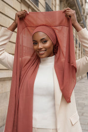 Instant Chiffon Scarf with Sewn Cotton Undercap Bonnet, Practical One Piece Hijab for Women, No Pin Head Covering,PS-51 Cinnamon