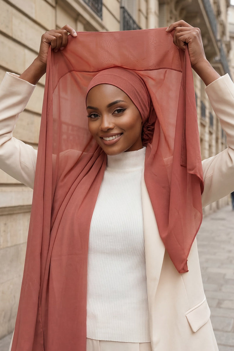 Instant Chiffon Scarf with Sewn Cotton Undercap Bonnet, Practical One Piece Hijab for Women, No Pin Head Covering,PS-51 Cinnamon