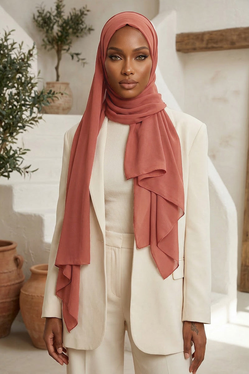 Instant Chiffon Scarf with Sewn Cotton Undercap Bonnet, Practical One Piece Hijab for Women, No Pin Head Covering,PS-51 Cinnamon
