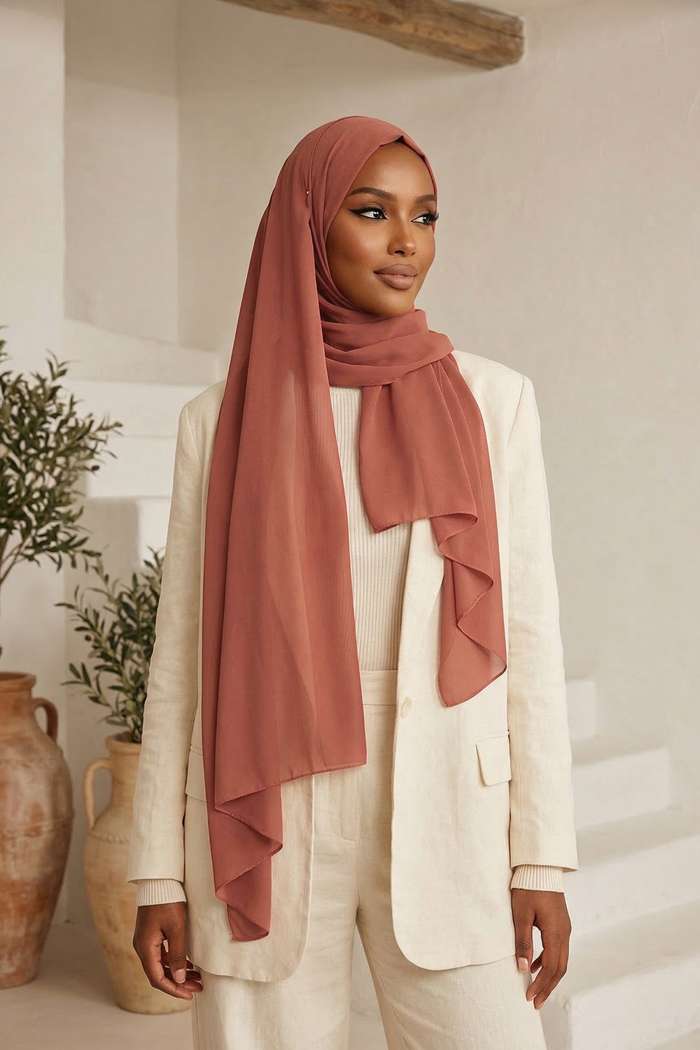 Instant Chiffon Scarf with Sewn Cotton Undercap Bonnet, Practical One Piece Hijab for Women, No Pin Head Covering,PS-51 Cinnamon