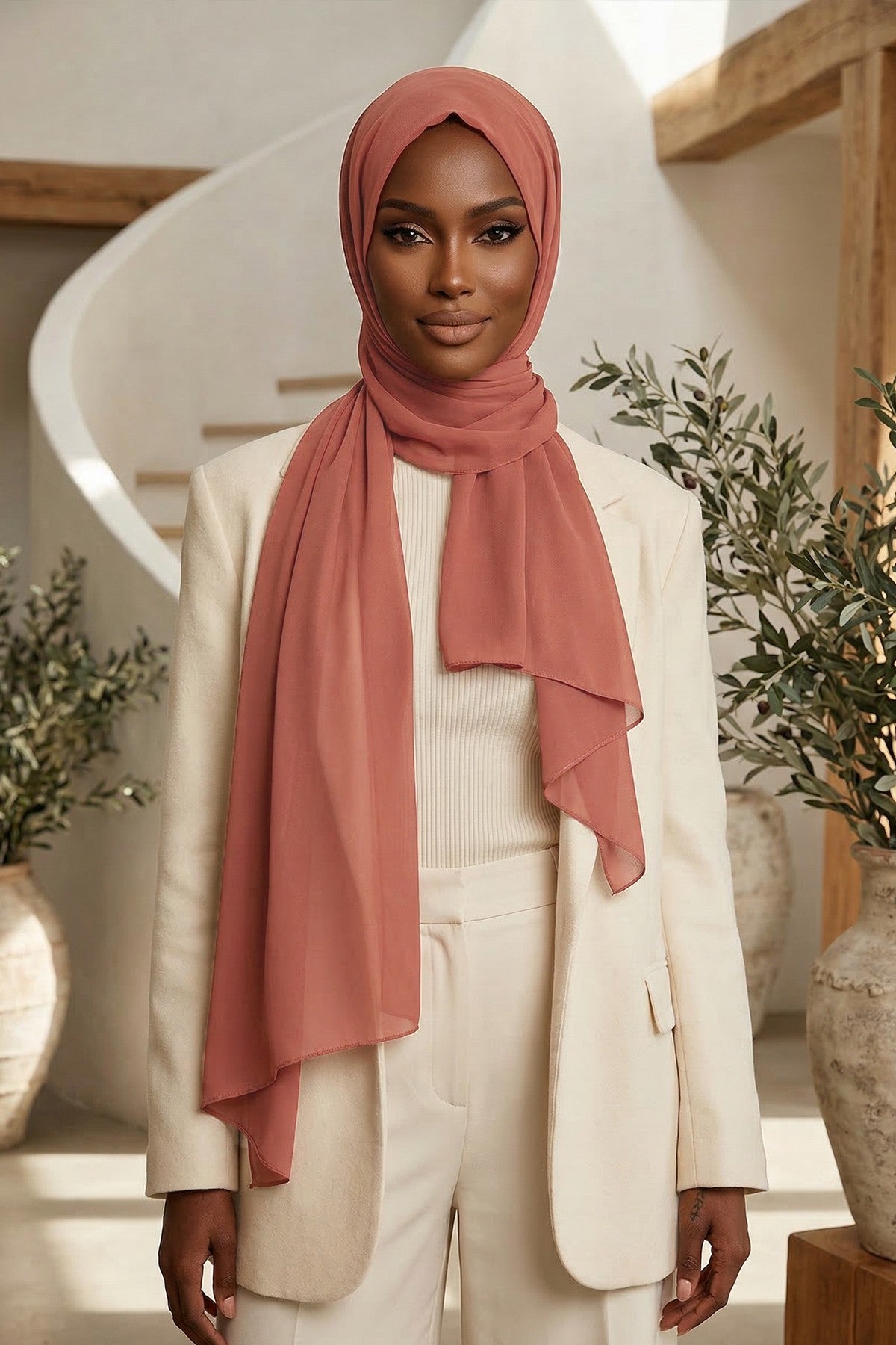 Instant Chiffon Scarf with Sewn Cotton Undercap Bonnet, Practical One Piece Hijab for Women, No Pin Head Covering,PS-51 Cinnamon