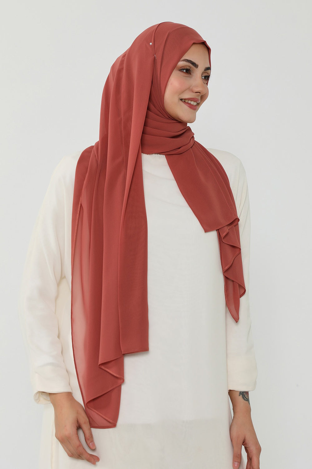 Instant Chiffon Scarf with Sewn Cotton Undercap Bonnet, Practical One Piece Hijab for Women, No Pin Head Covering,PS-51 Cinnamon