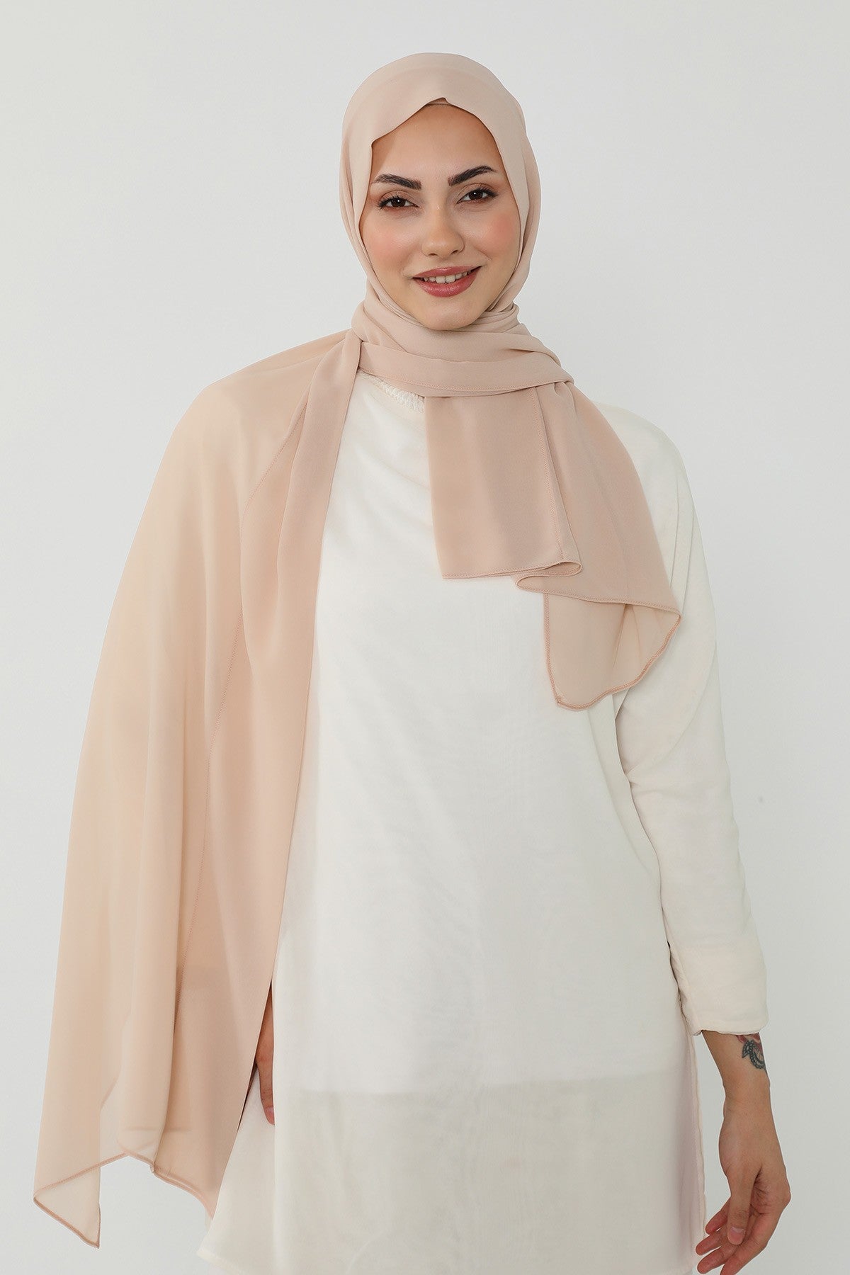 Instant Chiffon Scarf with Sewn Cotton Undercap Bonnet, Practical One Piece Hijab for Women, No Pin Head Covering,PS-51 Light Mink