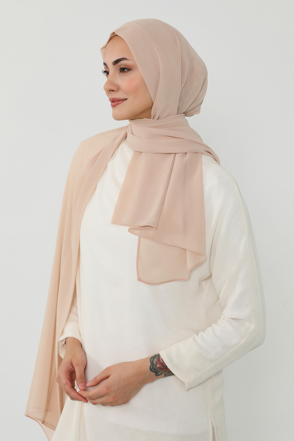 Instant Chiffon Scarf with Sewn Cotton Undercap Bonnet, Practical One Piece Hijab for Women, No Pin Head Covering,PS-51 Light Mink