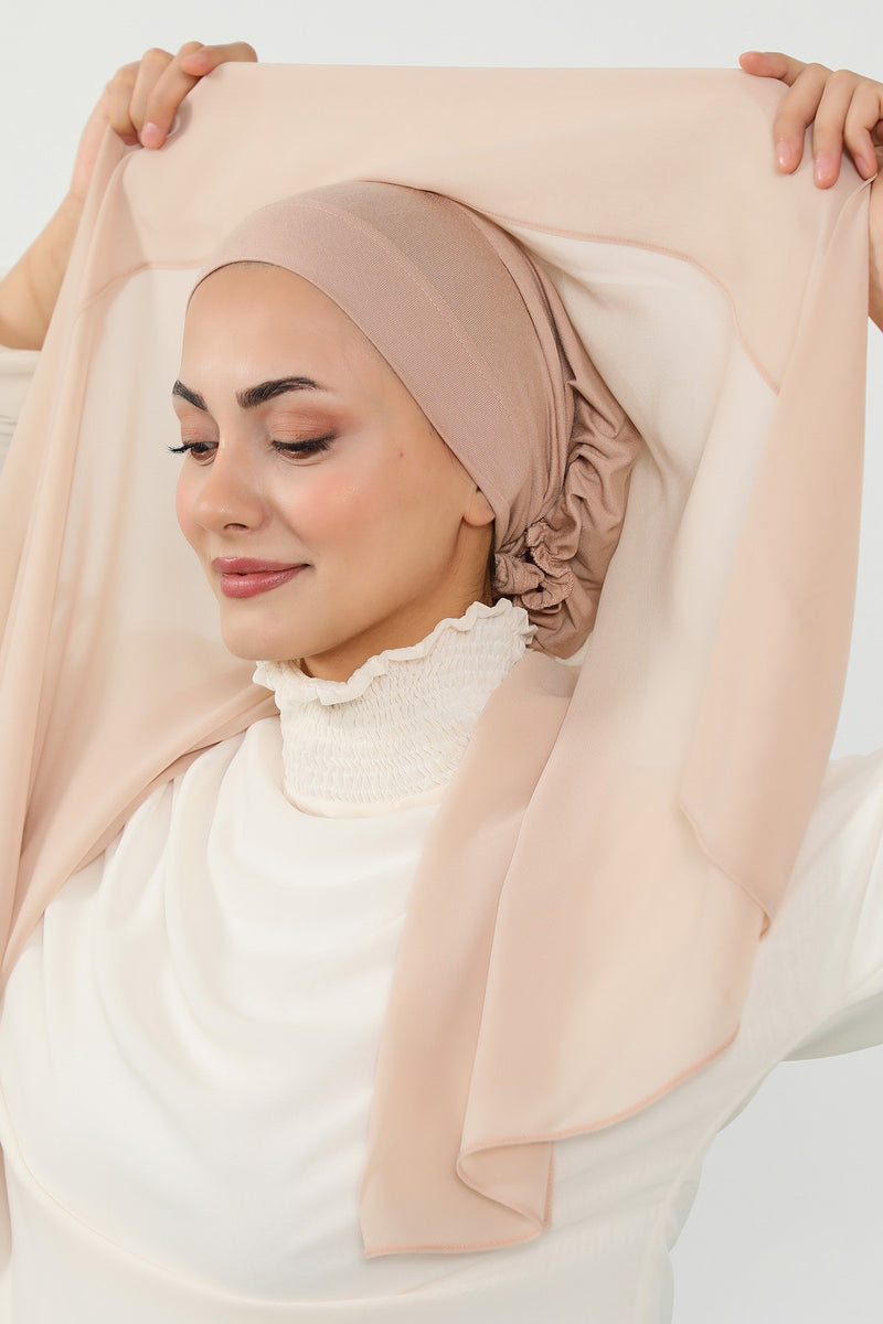 Instant Chiffon Scarf with Sewn Cotton Undercap Bonnet, Practical One Piece Hijab for Women, No Pin Head Covering,PS-51 Light Mink