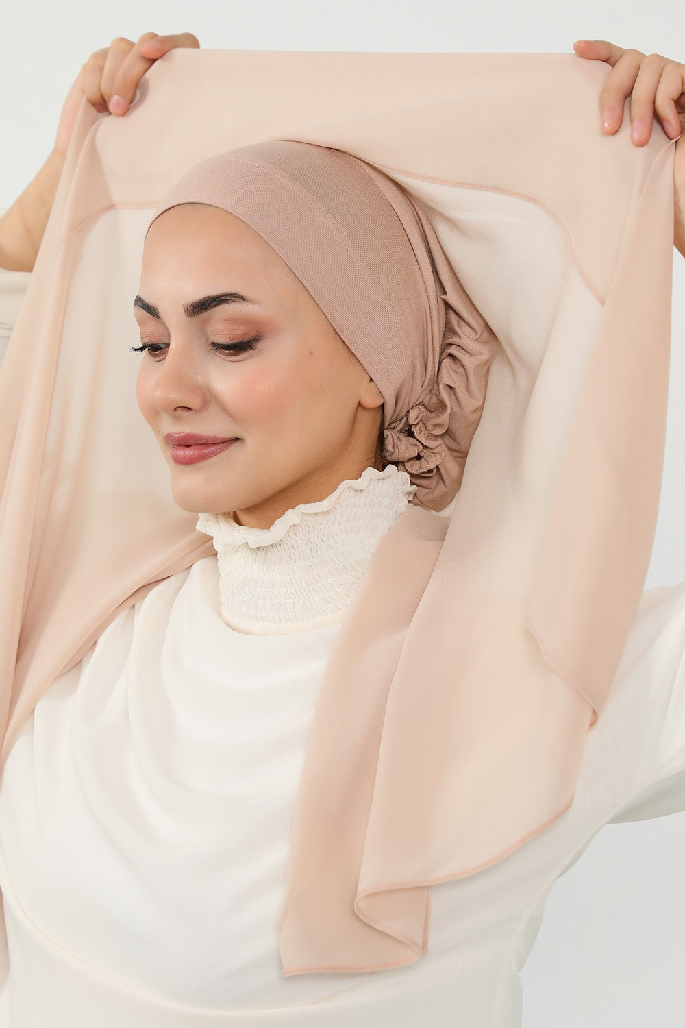 Instant Chiffon Scarf with Sewn Cotton Undercap Bonnet, Practical One Piece Hijab for Women, No Pin Head Covering,PS-51 Light Mink