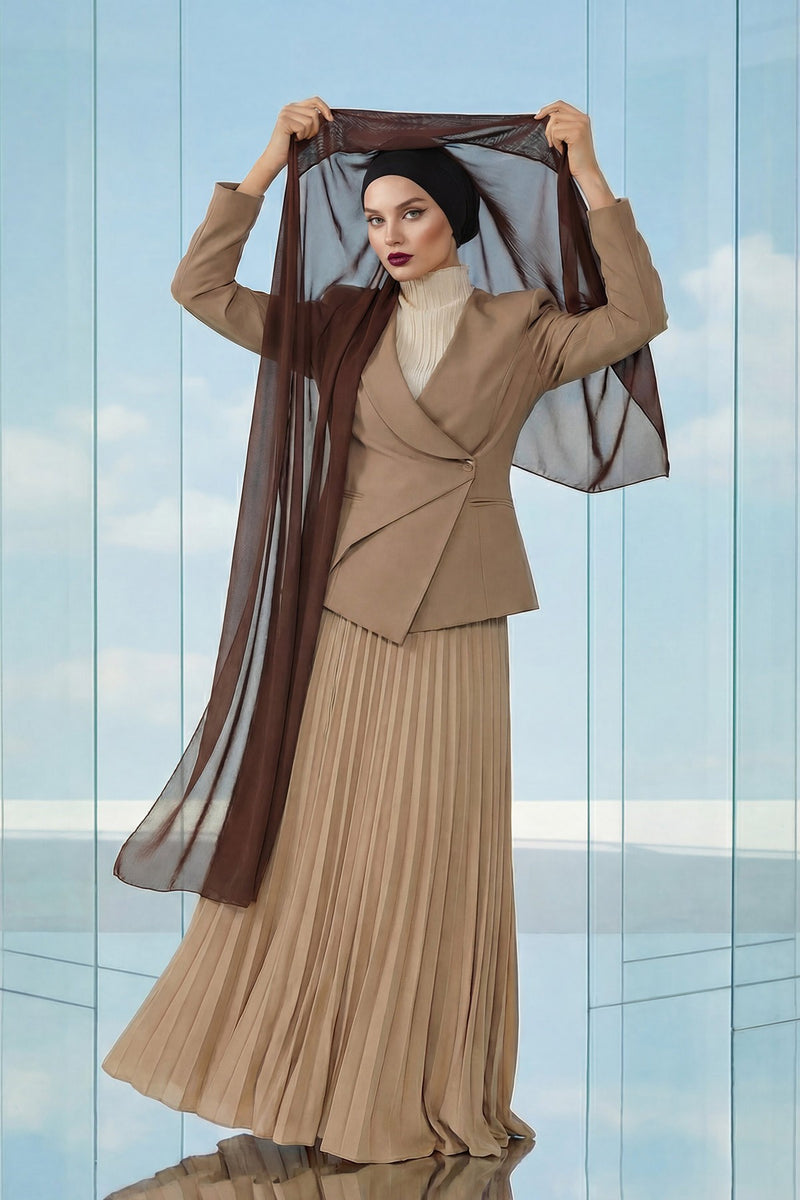 Instant Chiffon Scarf with Sewn Cotton Undercap Bonnet, Practical One Piece Hijab for Women, No Pin Head Covering,PS-51 Brown