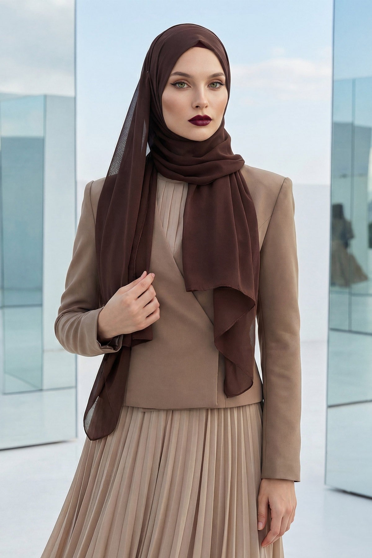 Instant Chiffon Scarf with Sewn Cotton Undercap Bonnet, Practical One Piece Hijab for Women, No Pin Head Covering,PS-51 Brown