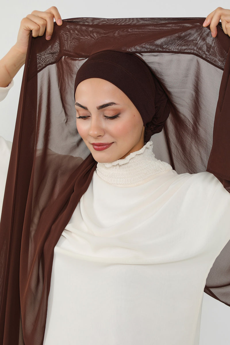 Instant Chiffon Scarf with Sewn Cotton Undercap Bonnet, Practical One Piece Hijab for Women, No Pin Head Covering,PS-51 Brown