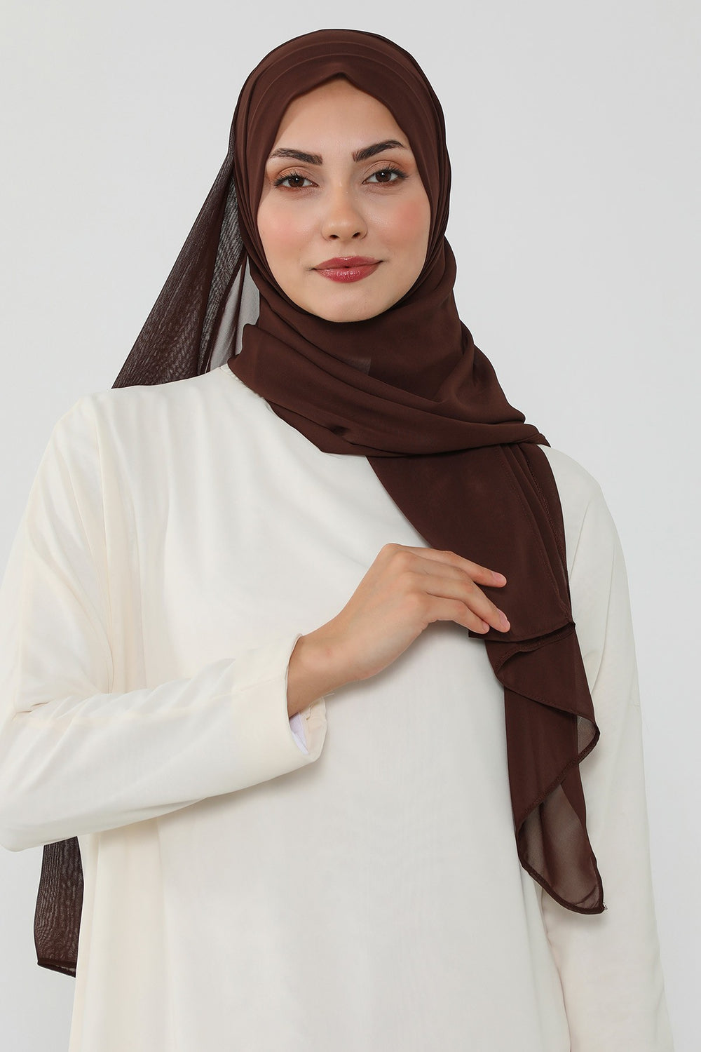 Instant Chiffon Scarf with Sewn Cotton Undercap Bonnet, Practical One Piece Hijab for Women, No Pin Head Covering,PS-51 Brown