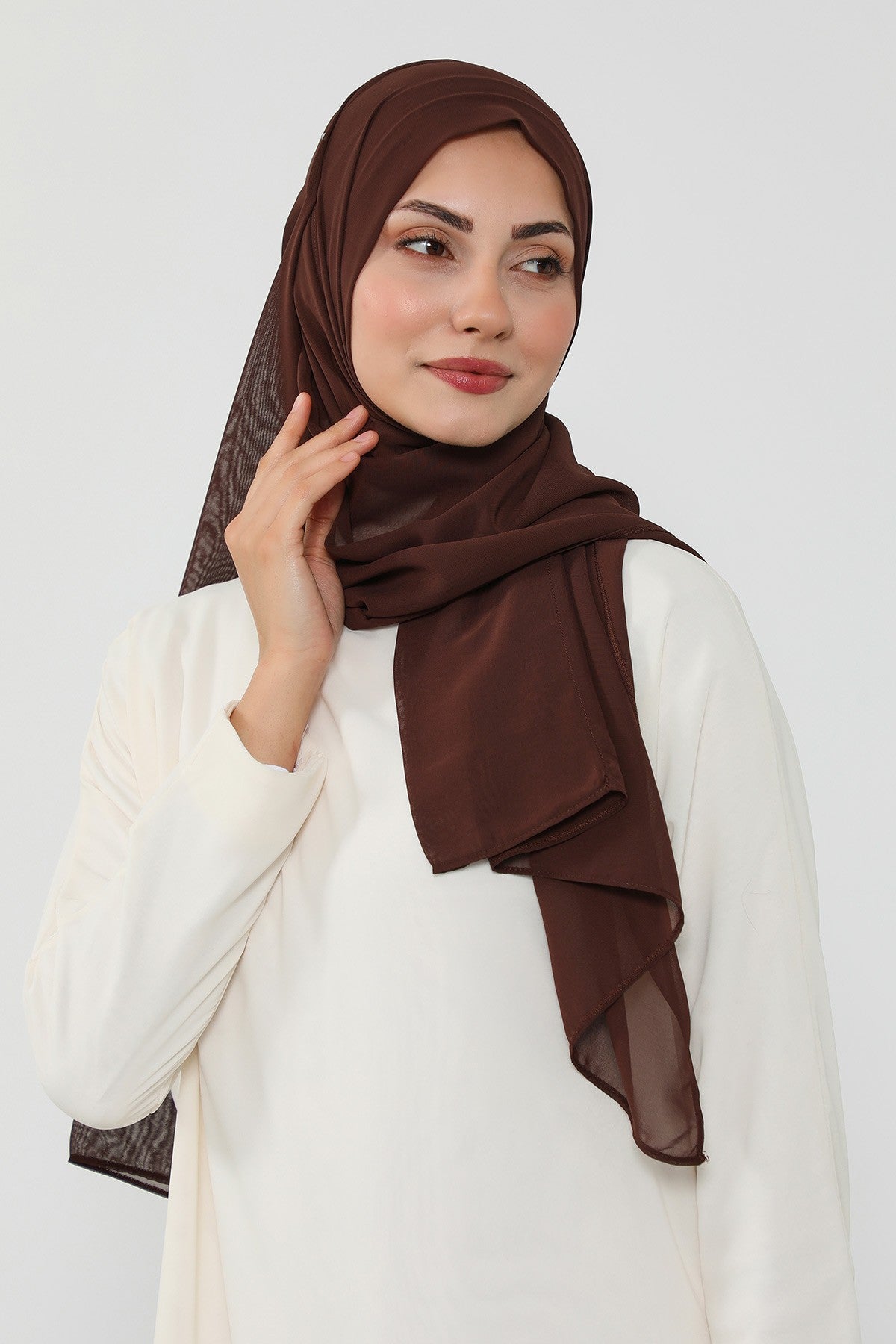 Instant Chiffon Scarf with Sewn Cotton Undercap Bonnet, Practical One Piece Hijab for Women, No Pin Head Covering,PS-51 Brown