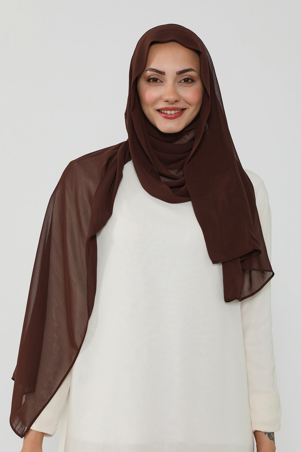 Instant Chiffon Scarf with Sewn Cotton Undercap Bonnet, Practical One Piece Hijab for Women, No Pin Head Covering,PS-51 Brown