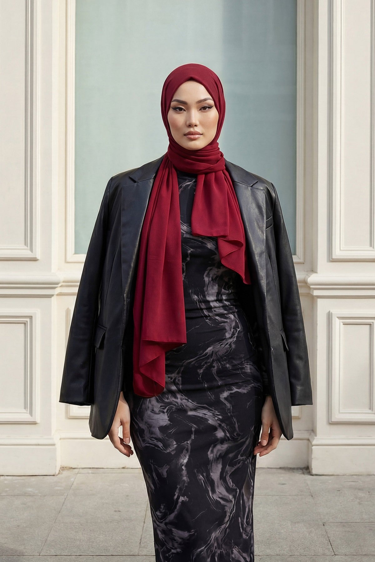 Instant Chiffon Scarf with Sewn Cotton Undercap Bonnet, Practical One Piece Hijab for Women, No Pin Head Covering,PS-51 Maroon