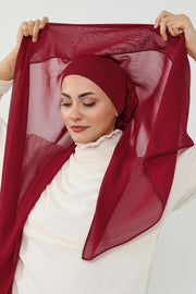 Instant Chiffon Scarf with Sewn Cotton Undercap Bonnet, Practical One Piece Hijab for Women, No Pin Head Covering,PS-51 Maroon