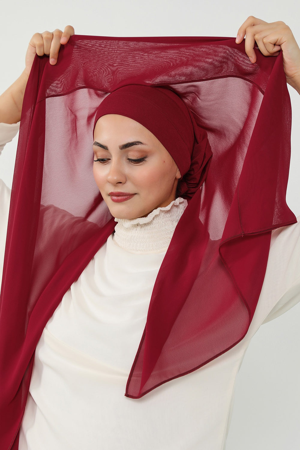 Instant Chiffon Scarf with Sewn Cotton Undercap Bonnet, Practical One Piece Hijab for Women, No Pin Head Covering,PS-51 Maroon